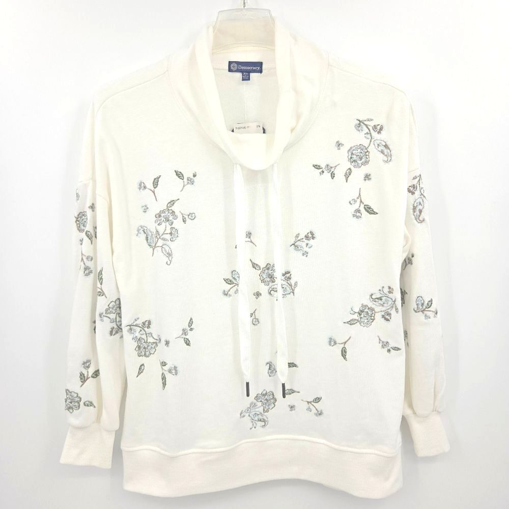 Democracy Cowlneck Sweatshirt Top Womens Size XS Floral Embroidery Feminine Boho